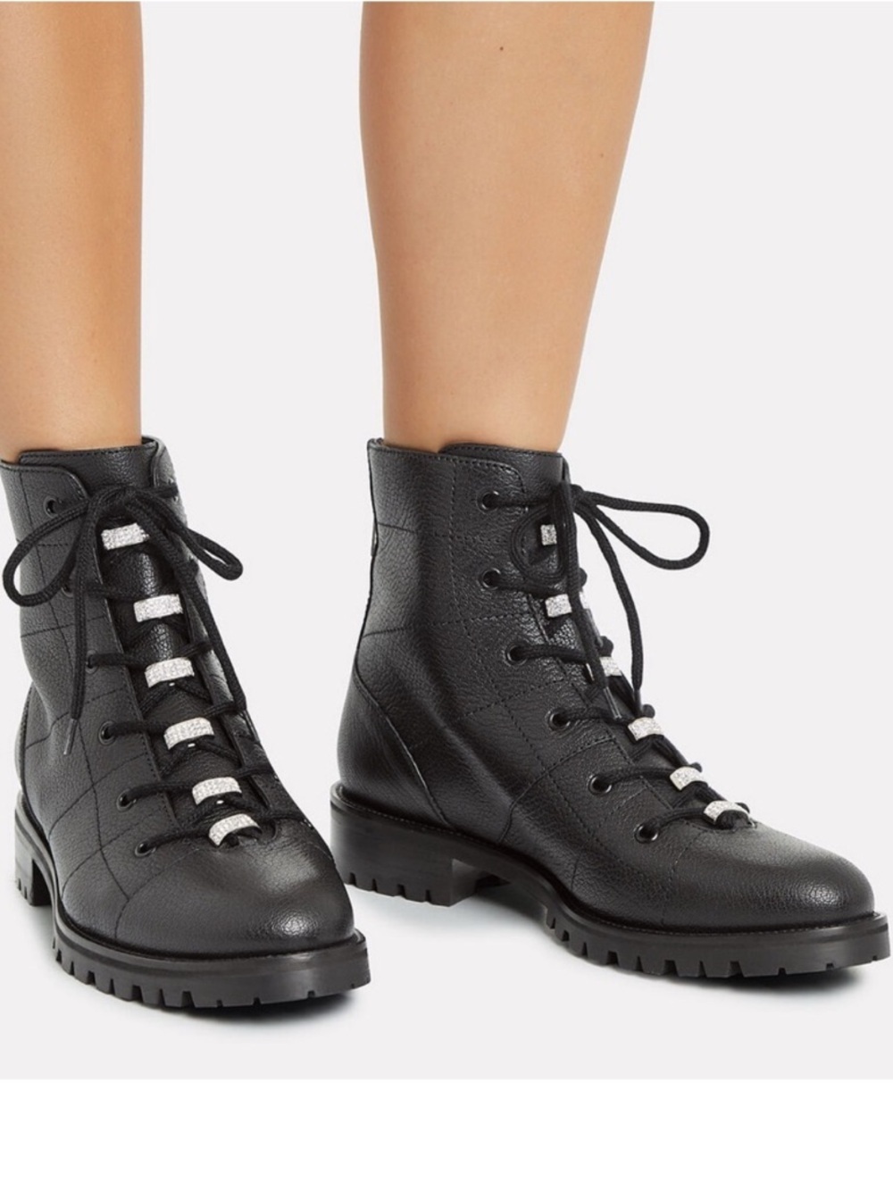 Jimmy Choo Bren Crystal Embellished Lace Up Leather Black Combat Boots 39 1/2
